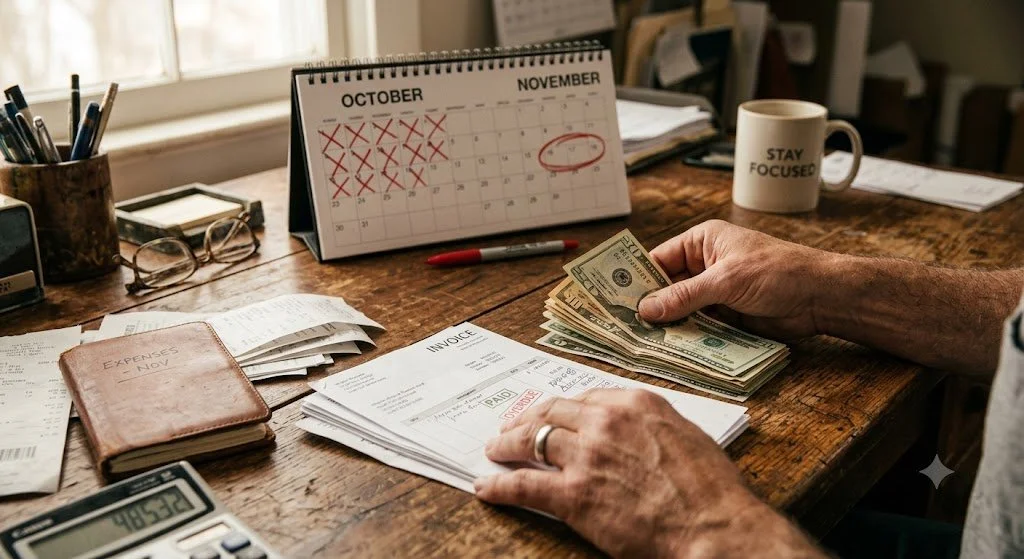 Small business owner counting cash and reviewing invoices at a desk with a fall calendar.