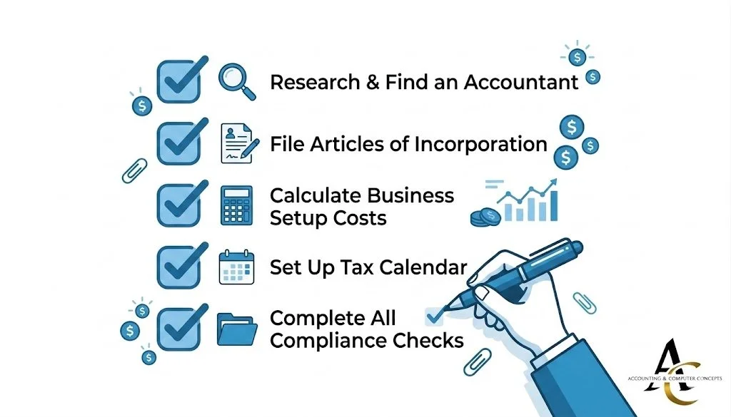 A clean flat design illustration of a five-item checklist being checked off by a hand holding a pen, with icons representing sales data review, permit registration, tax rate configuration,