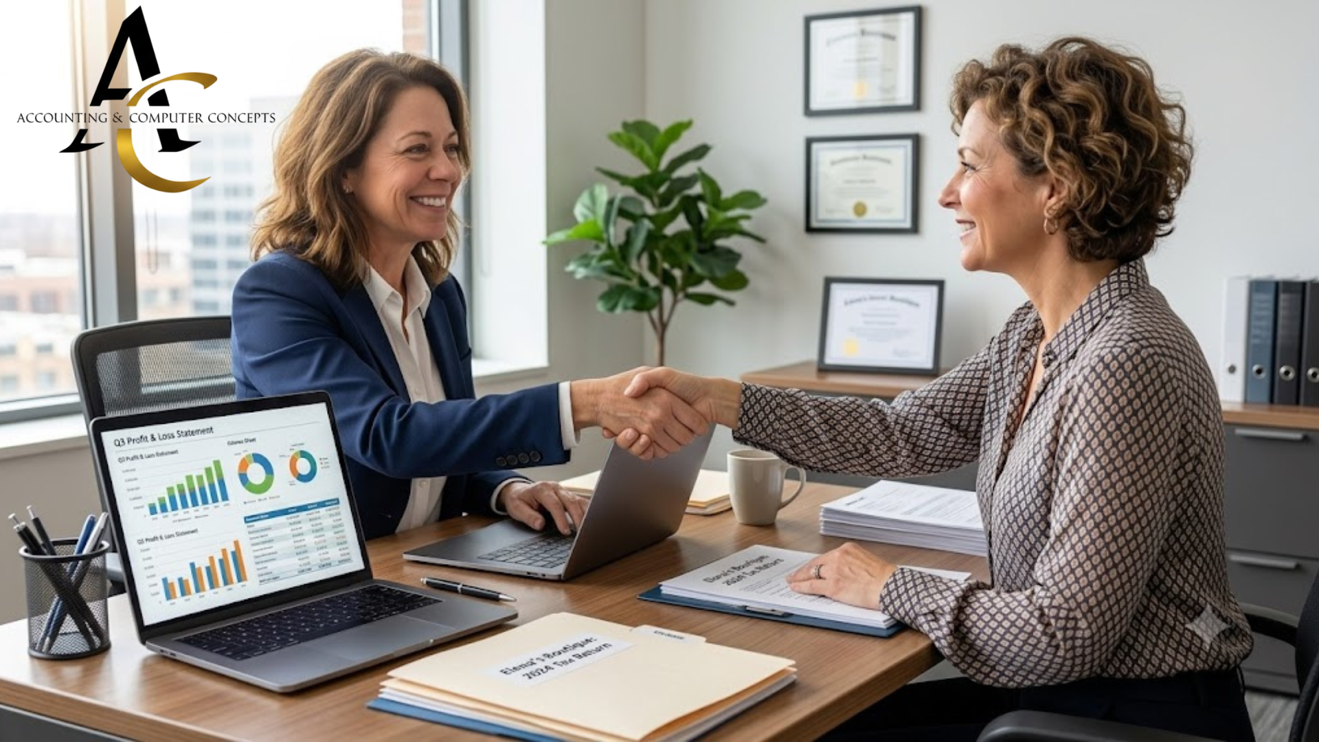 A professional bookkeeper and a small business owner shaking hands across a desk with an organized financial report visible on a laptop screen.