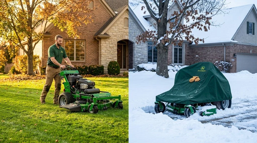 Split image of a lush green lawn in autumn transitioning to a snow-covered lawn in winter.