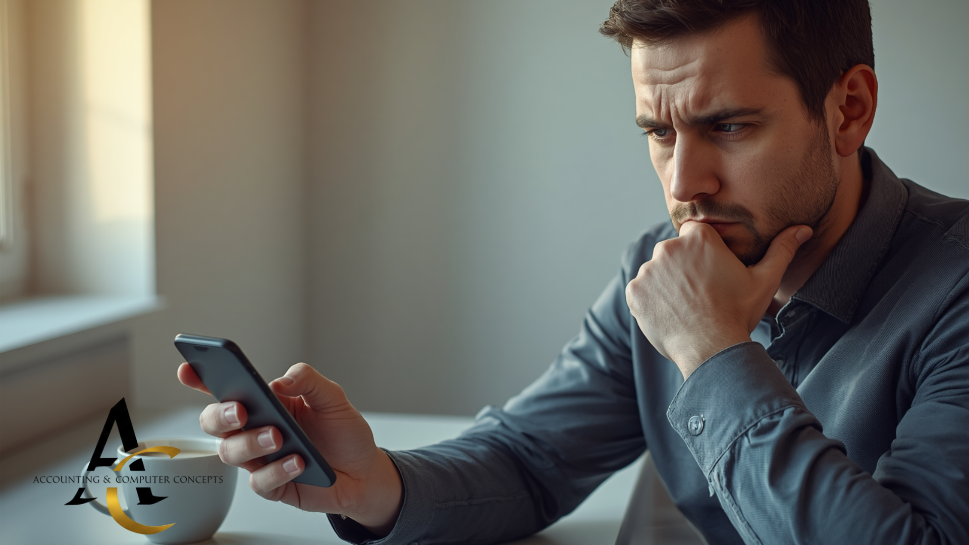 Business owner checking bank balance on smartphone at morning desk with coffee