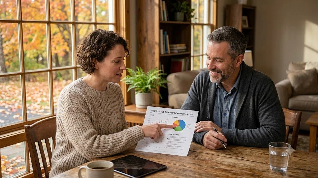 Two people reviewing a financial plan together at a table near a window with fall leaves.