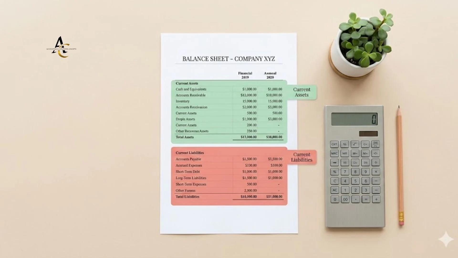 Photorealistic flat lay of a business balance sheet with current assets highlighted in green and current liabilities highlighted in red, beside a calculator and pencil on a warm beige desk — Accounting & Computer Concepts LLC