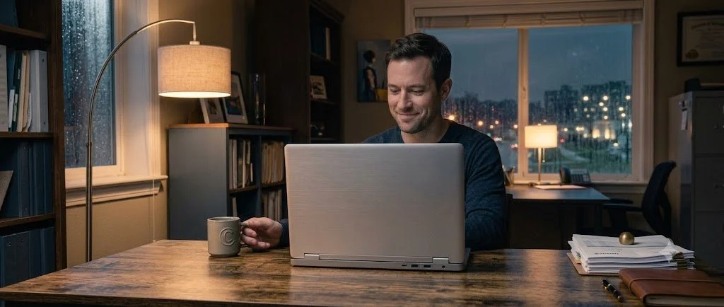 Business owner calmly reviewing a funded 90-day cash reserve dashboard at night