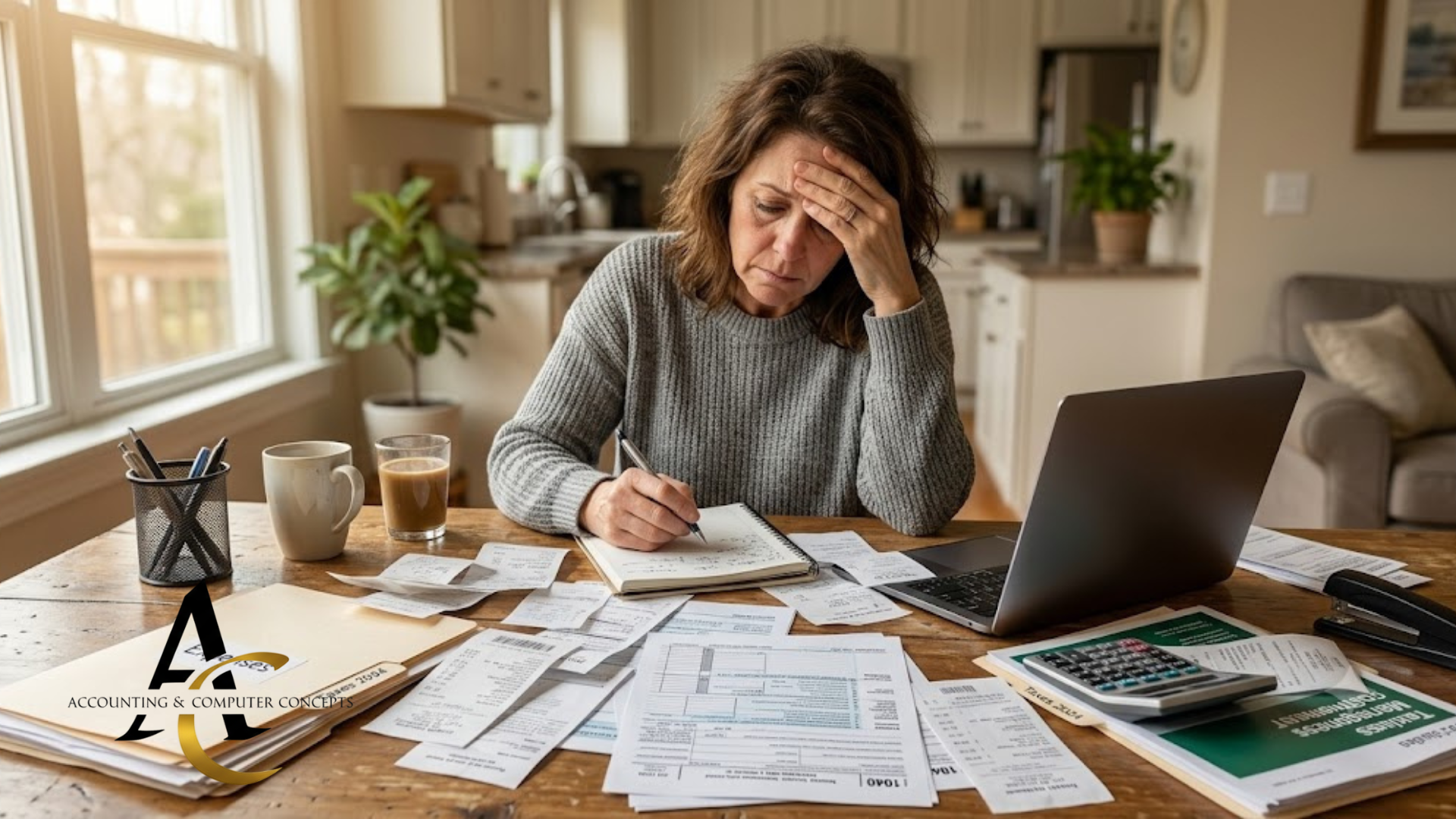 A stressed small business owner sitting at a kitchen table surrounded by receipts and tax forms, reviewing documents on a laptop.