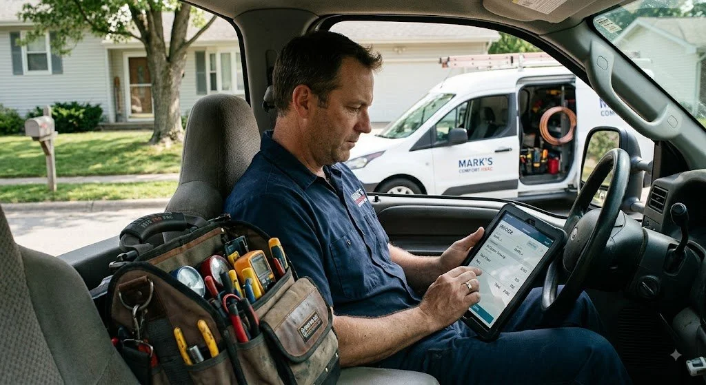 HVAC business owner typing an invoice on a tablet from a truck cab parked outside a customer's home right after finishing a job.