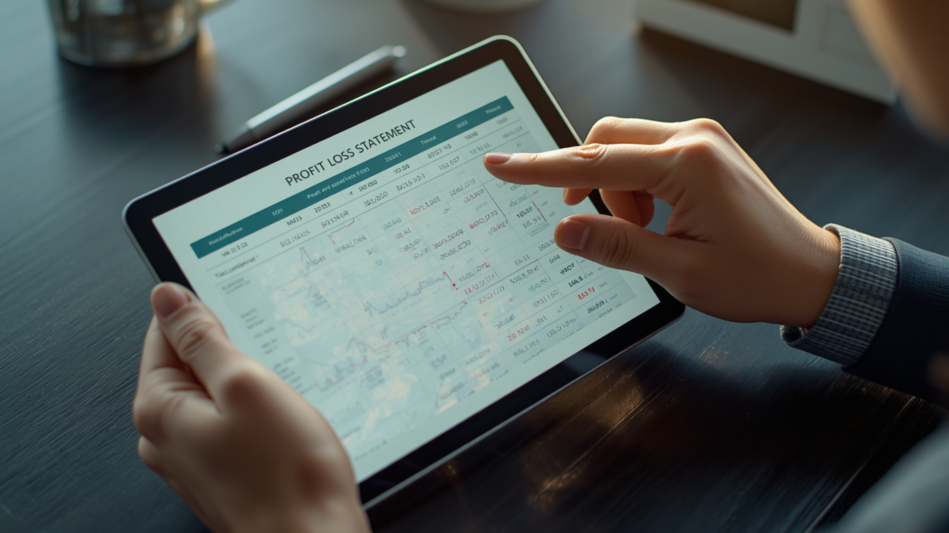Person reviewing a profit and loss statement on a tablet at a modern desk to assess business hiring readiness.