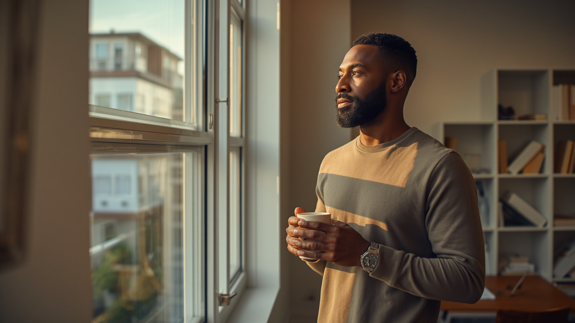Small business owner standing near a bright window in an organized home office holding a coffee mug with a calm and confident expression