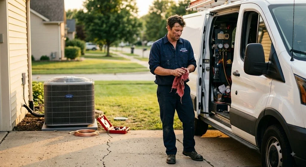 HVAC technician wiping his hands after completing an outdoor condenser installation at a suburban home during golden hour.
