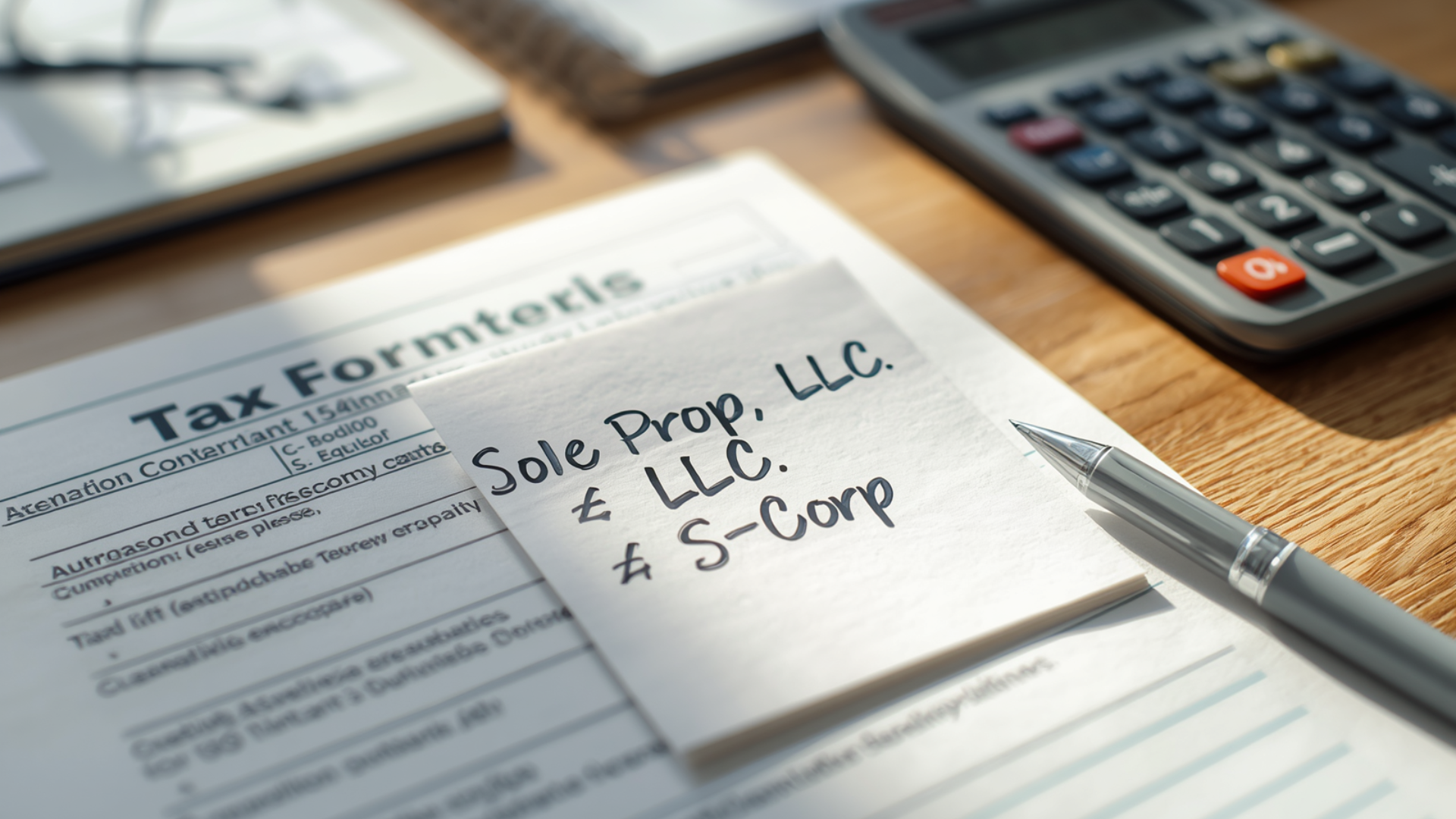Organized desk with a tax form and notepad listing Sole Prop, LLC, and S-Corp beside a pen and calculator