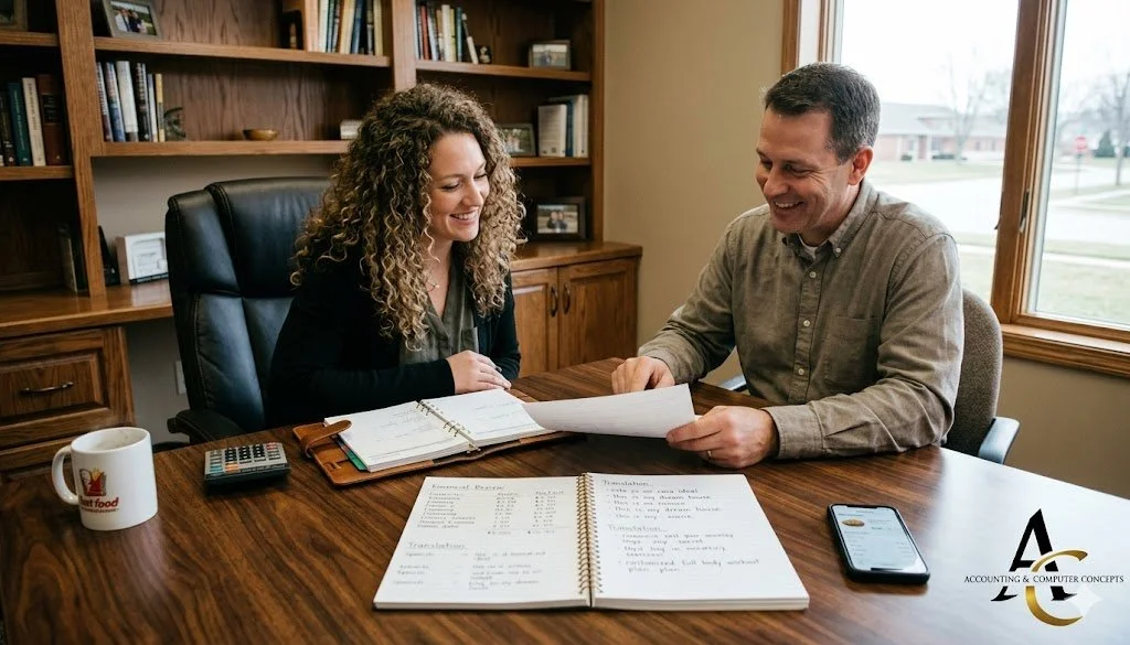 A friendly professional bookkeeper sits across a desk from a small business owner, both smiling while reviewing documents together in a warm, well-lit office, conveying trust and expert guidance in navigating sales tax compliance.