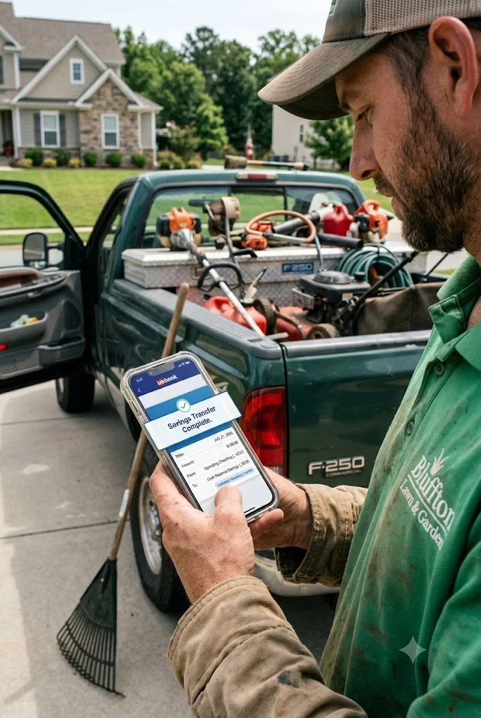Landscaper checking a phone banking app showing a completed automatic savings transfer.