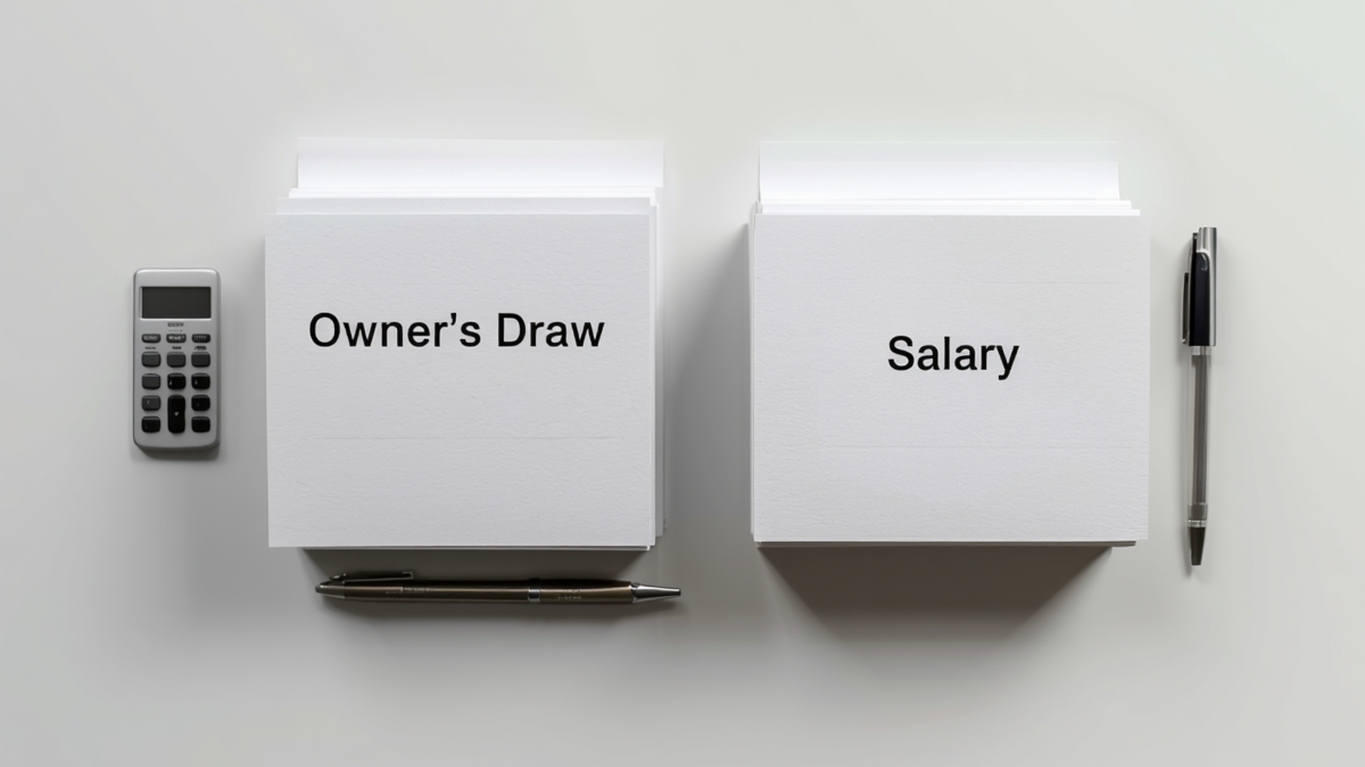Flat lay of two stacks of documents labeled Owner's Draw and Salary on a clean white desk with a pen and calculator