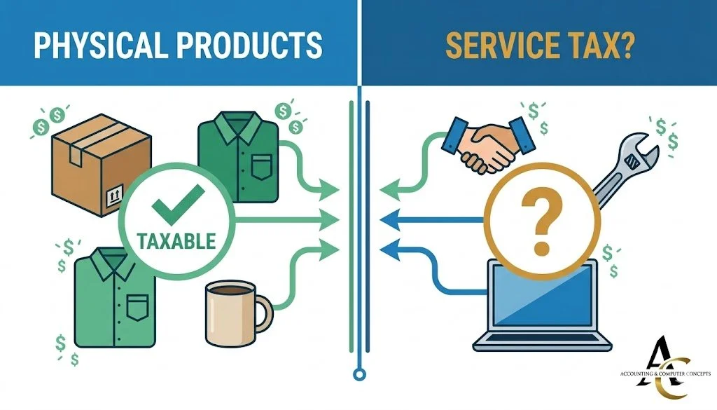 A split-screen flat design illustration comparing product taxability on the left — showing a box, shirt, and mug with a green tax badge — and service taxability on the right