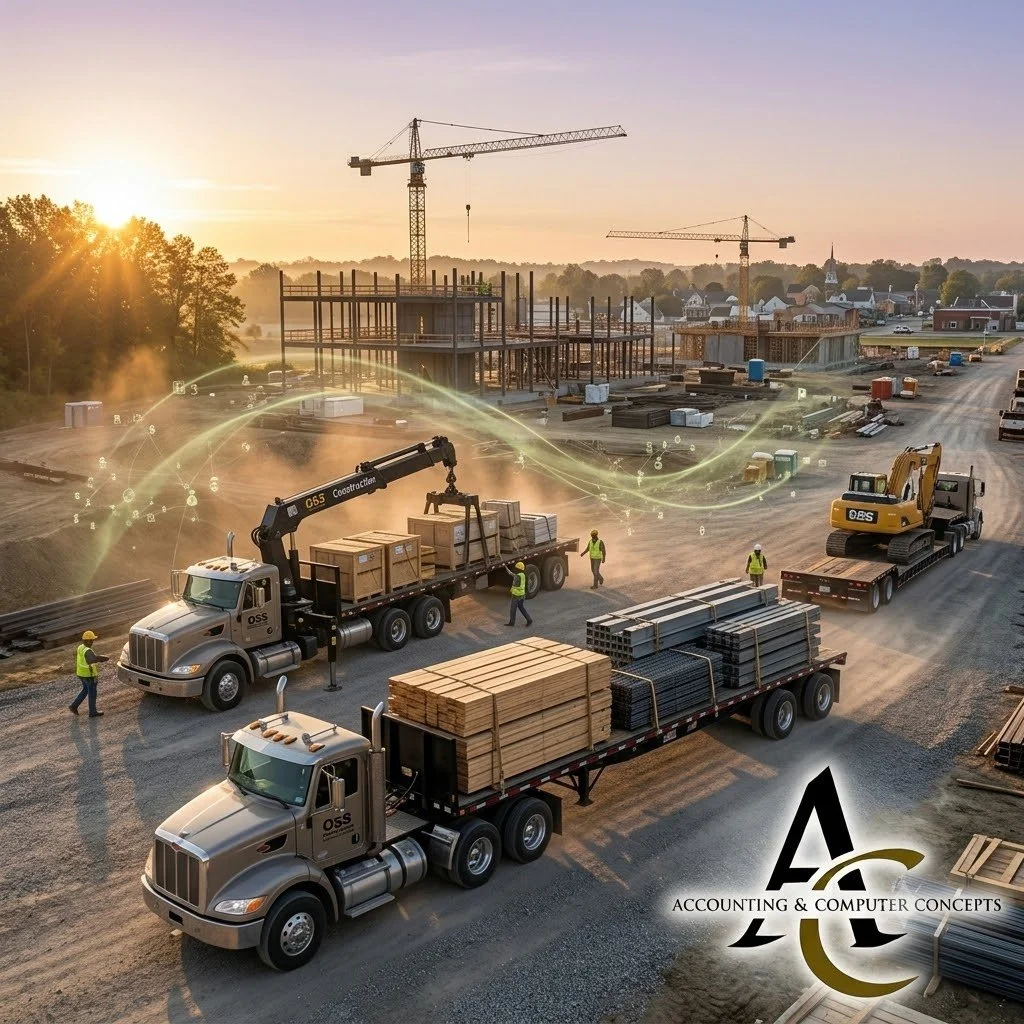 Construction materials and equipment being delivered to a job site at sunrise.