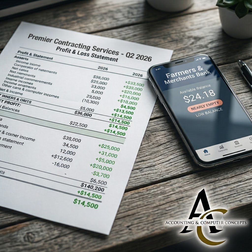 Printed profit and loss statement next to a smartphone showing a low bank balance.