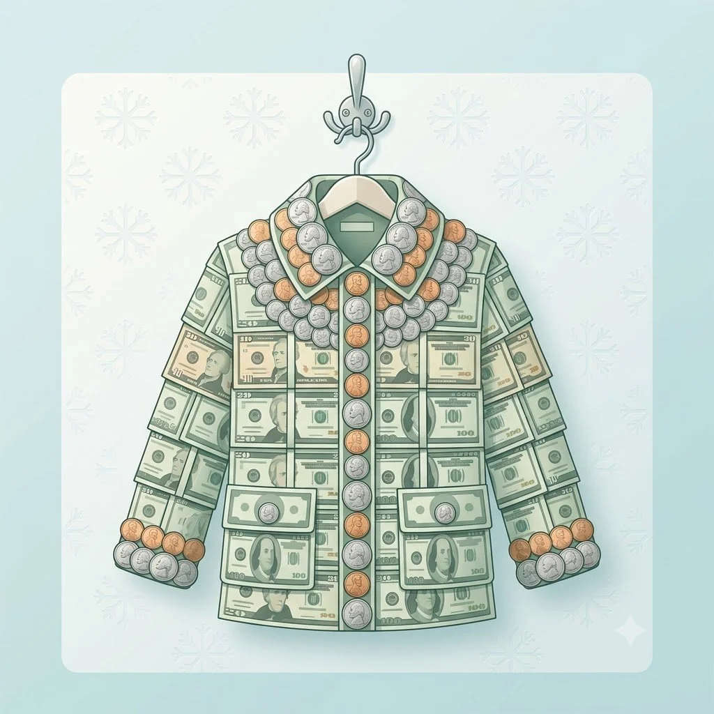 Illustration of a winter coat made of folded dollar bills, symbolizing a cash reserve.