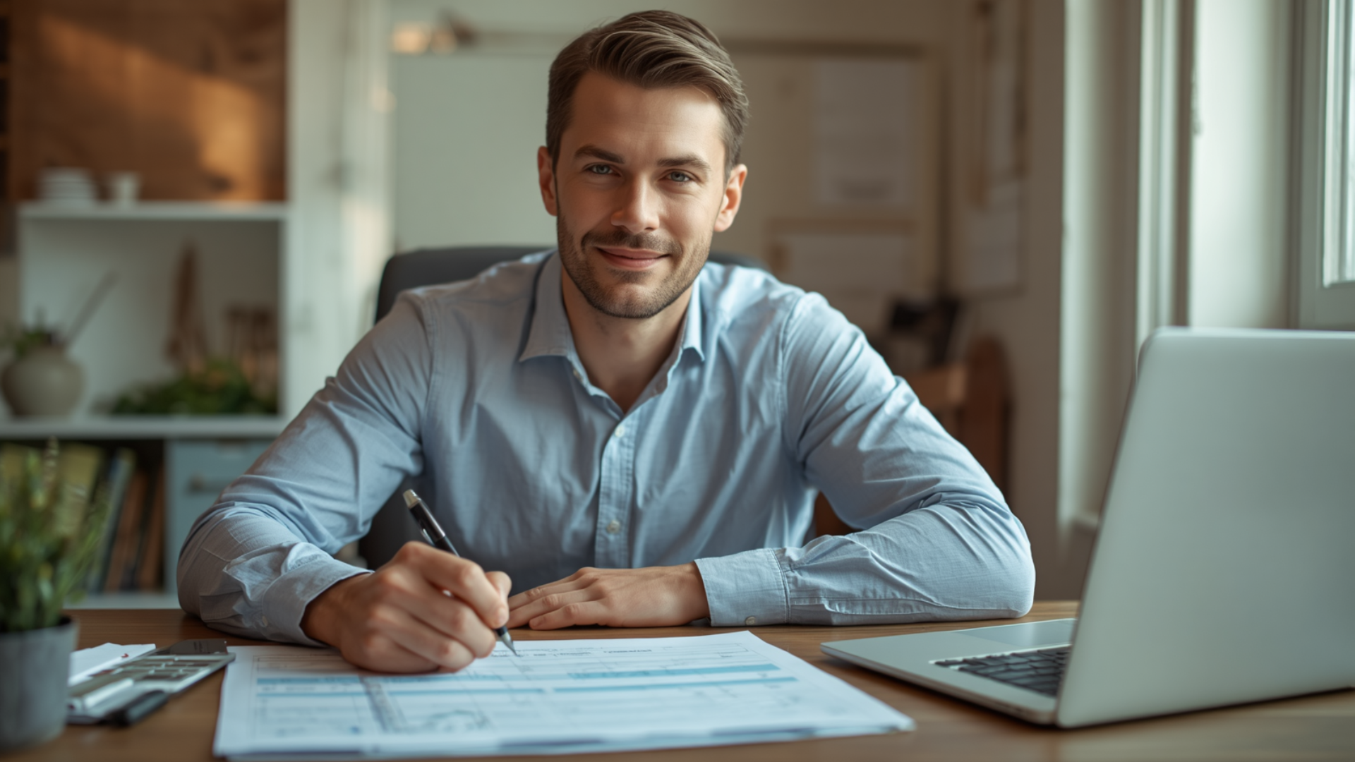 Smiling small business owner sitting confidently at a tidy desk holding a pen and reviewing a one-page financial plan