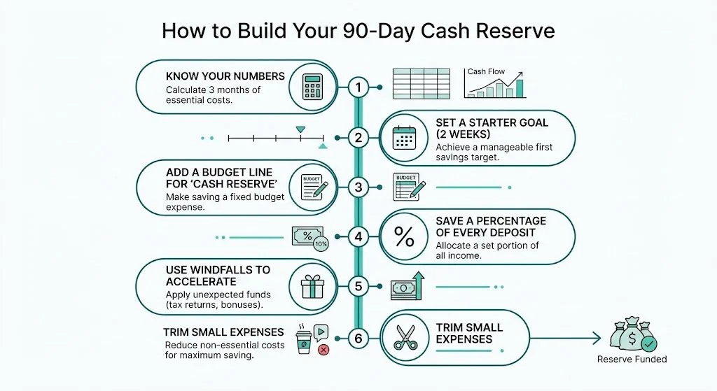 Six-step roadmap showing how to build a 90-day cash reserve even with tight cash flow