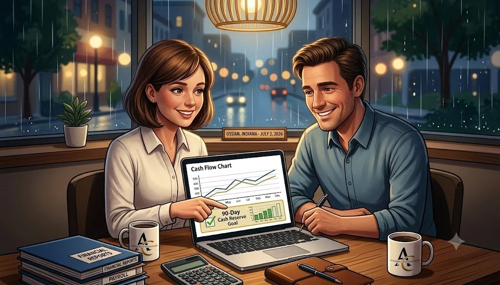 Bookkeeper and business owner reviewing cash flow data to calculate a reserve goal