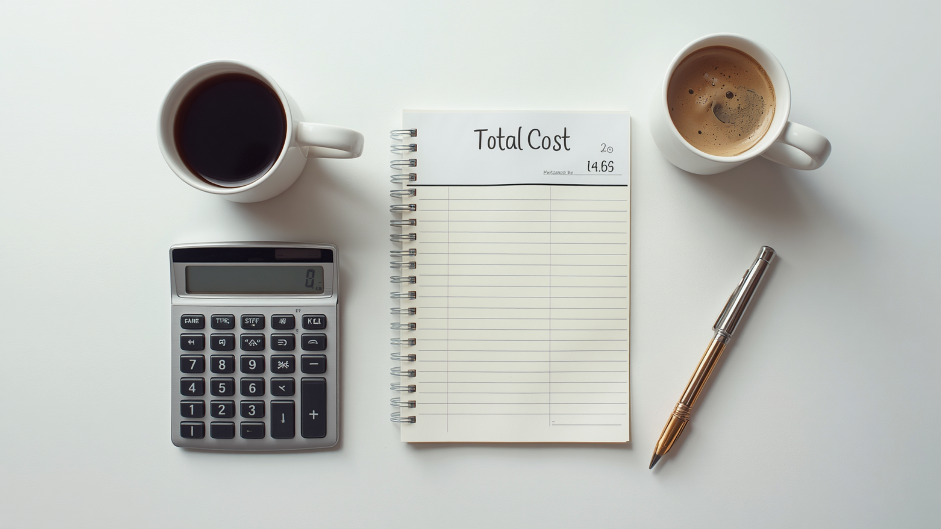 Flat-lay of a calculator, pay stub, and notepad labeled "Total Cost" representing the fully-loaded expense of a new employee.