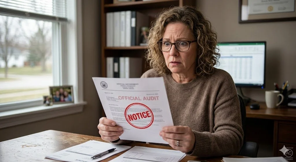 A small business owner looks alarmed while holding an official letter stamped with a bold red "NOTICE," representing the penalties and consequences of sales tax non-compliance, including back taxes, interest, and failure-to-file penalties.