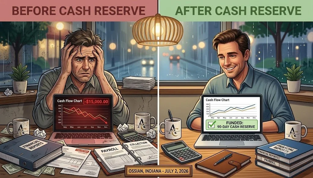 Split image showing a stressed business owner before a cash reserve and a relaxed owner after building one