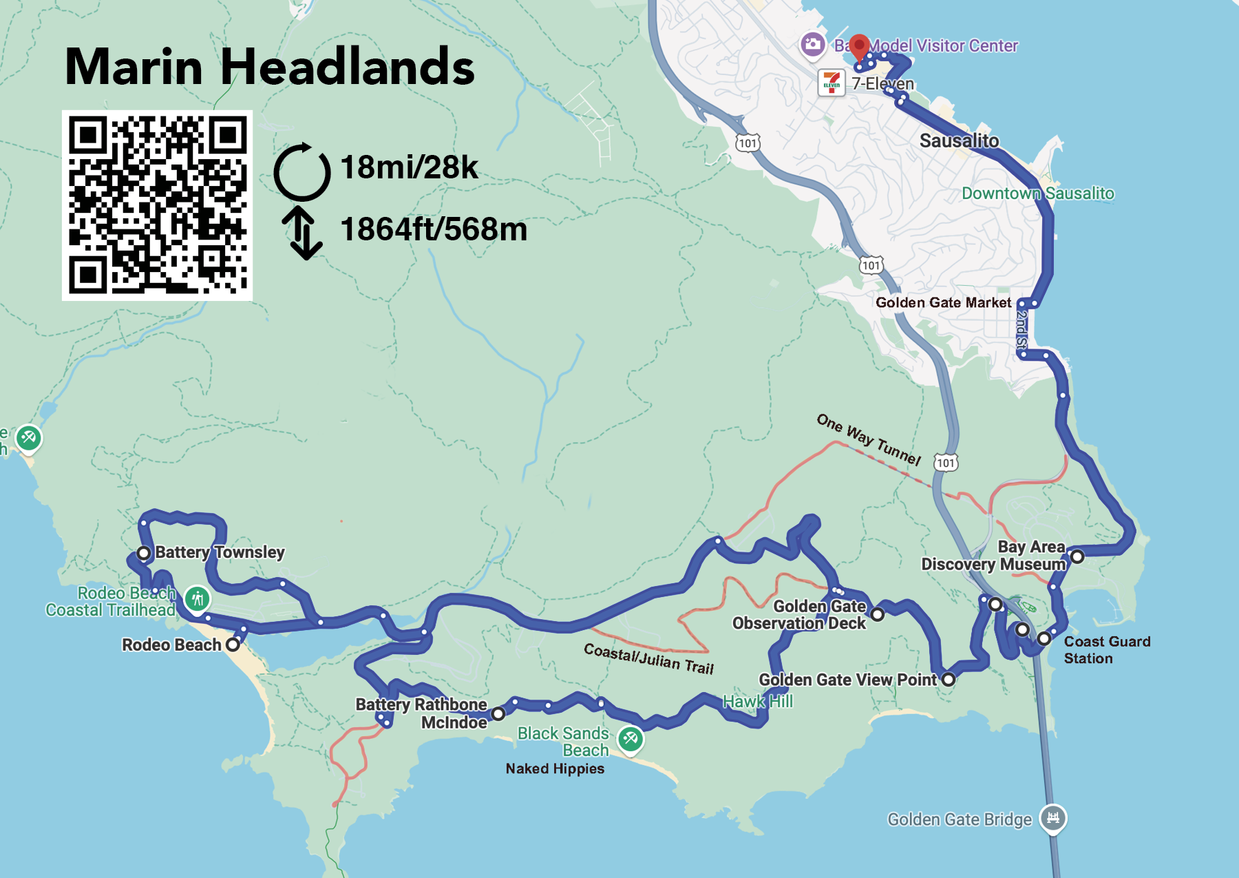 Map of bike ride around the Marin Headlands with views of the Golden Gate Bridge