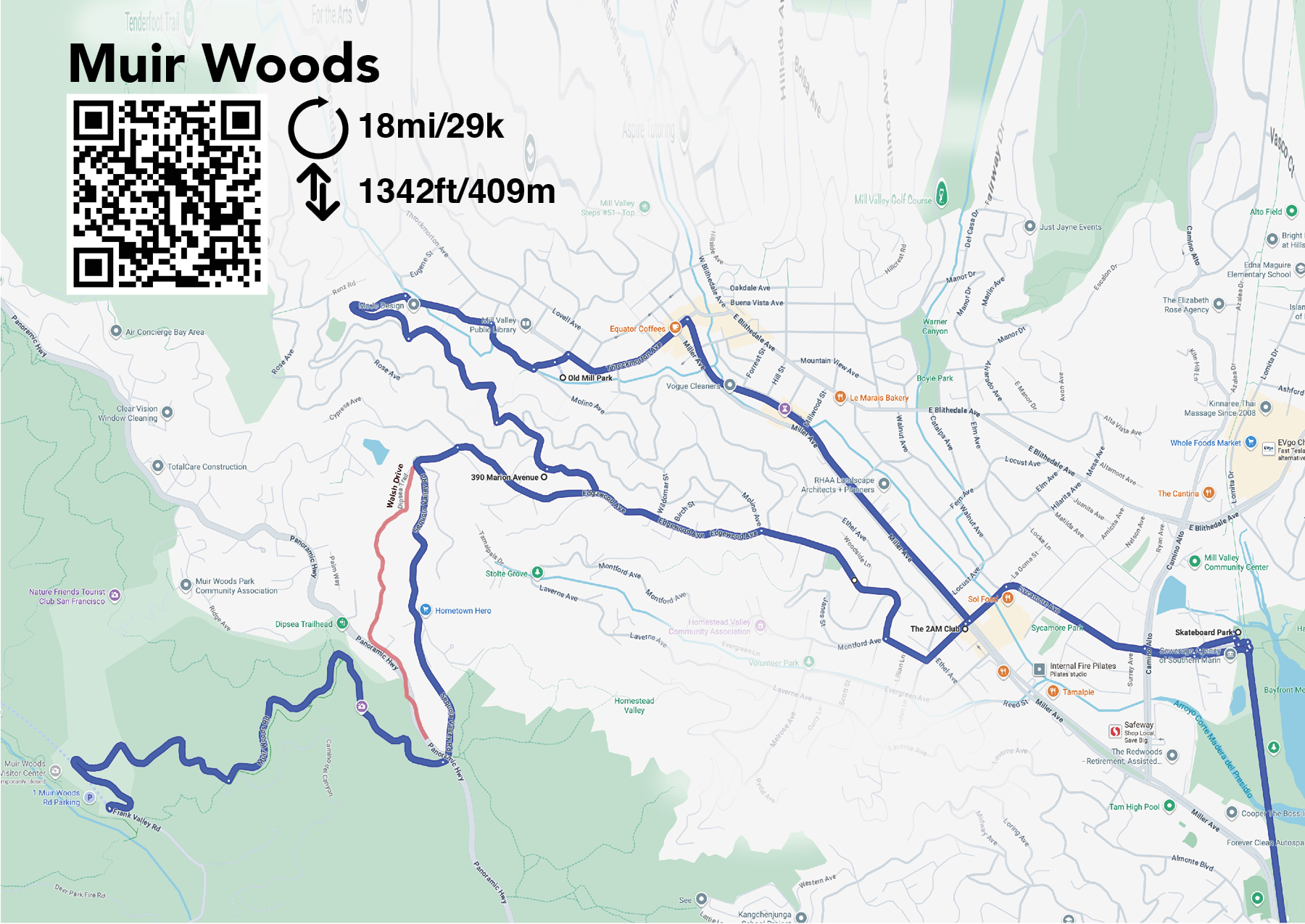 A map of the bike ride from Sausalito to Muir Woods and back