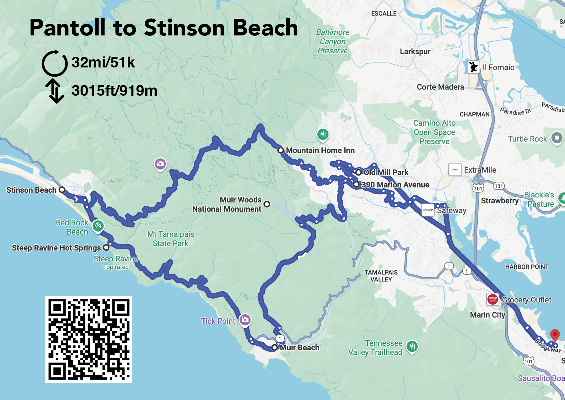 Map of the road ride from Sausalito to Stinson Beach and back via Mt. Tamalpais. The route travels along California Highway 1, the Pacific Coast Highway. An epic road ride with views of the Pacific Ocean and Mt. Tamalpais.