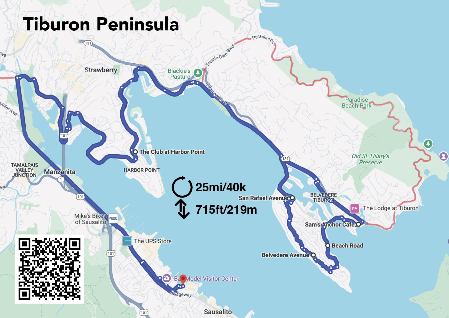 Map of bike ride to Tiburon from Sausalito