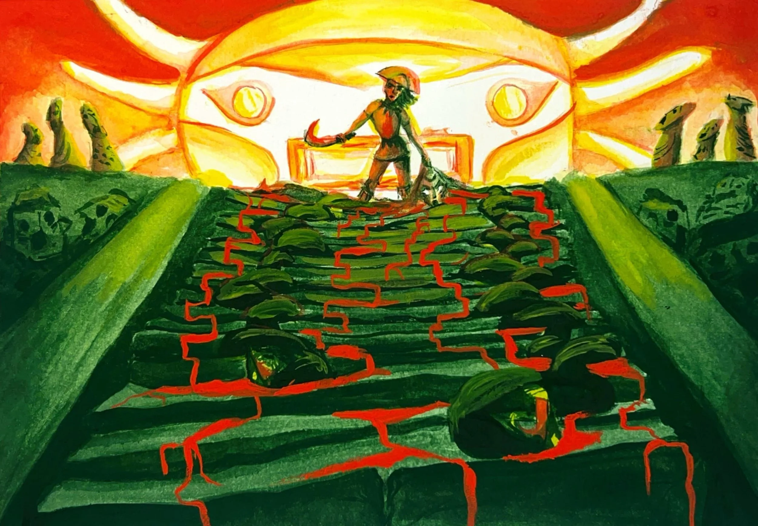 Bloody Victory - Concept illustration made traditionally with gouache. This was created for class, where we were limited to a 3 color pallet.