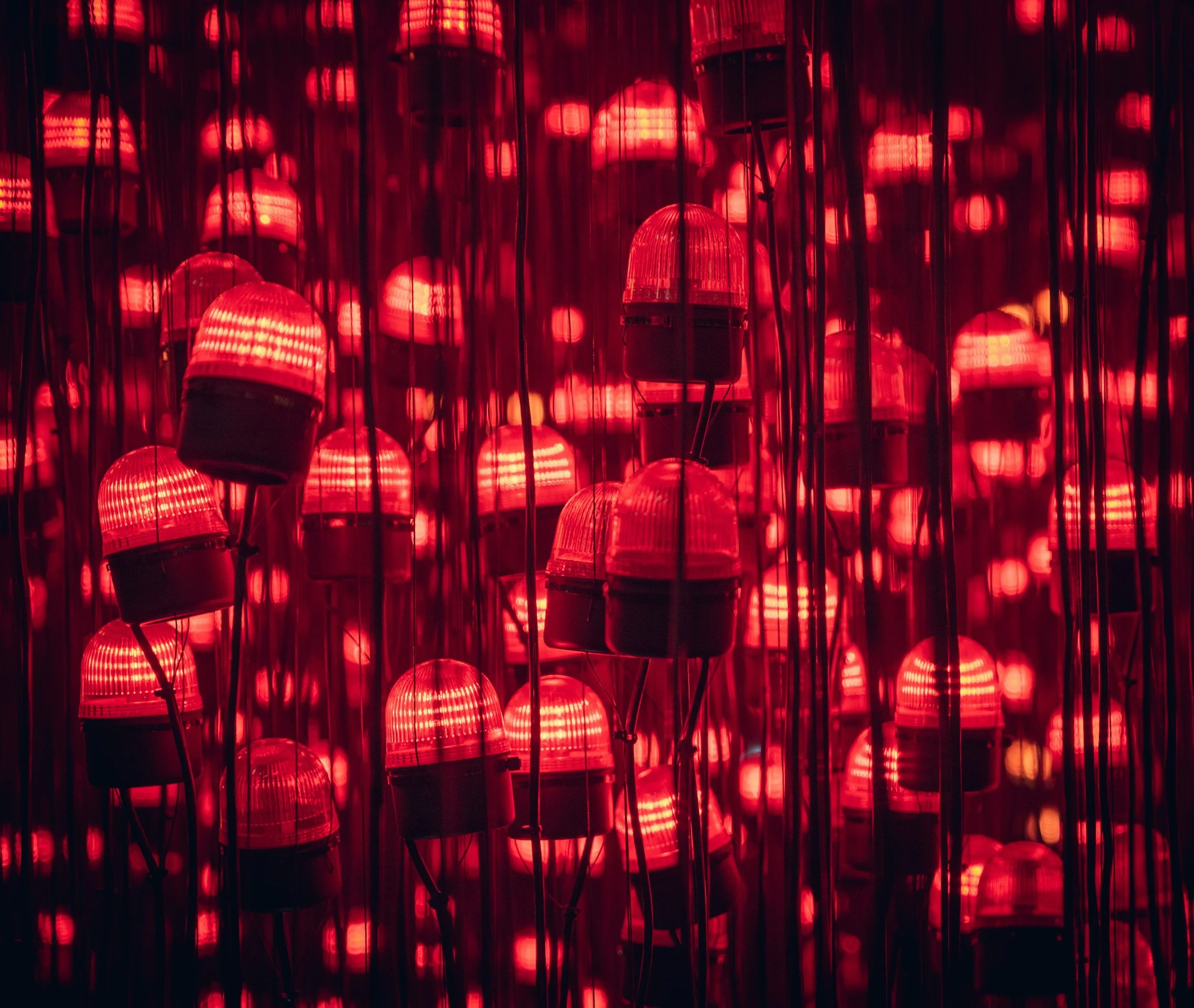 In this art display, red siren lights are handing close to one another, suspended like jellyfish in the air.