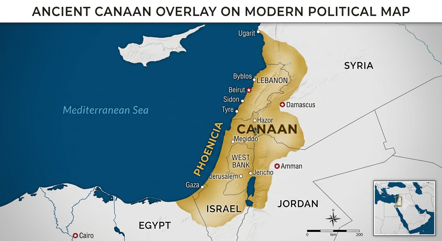 A map of Canaan in the Bible, with the names of modern geopolitical states.