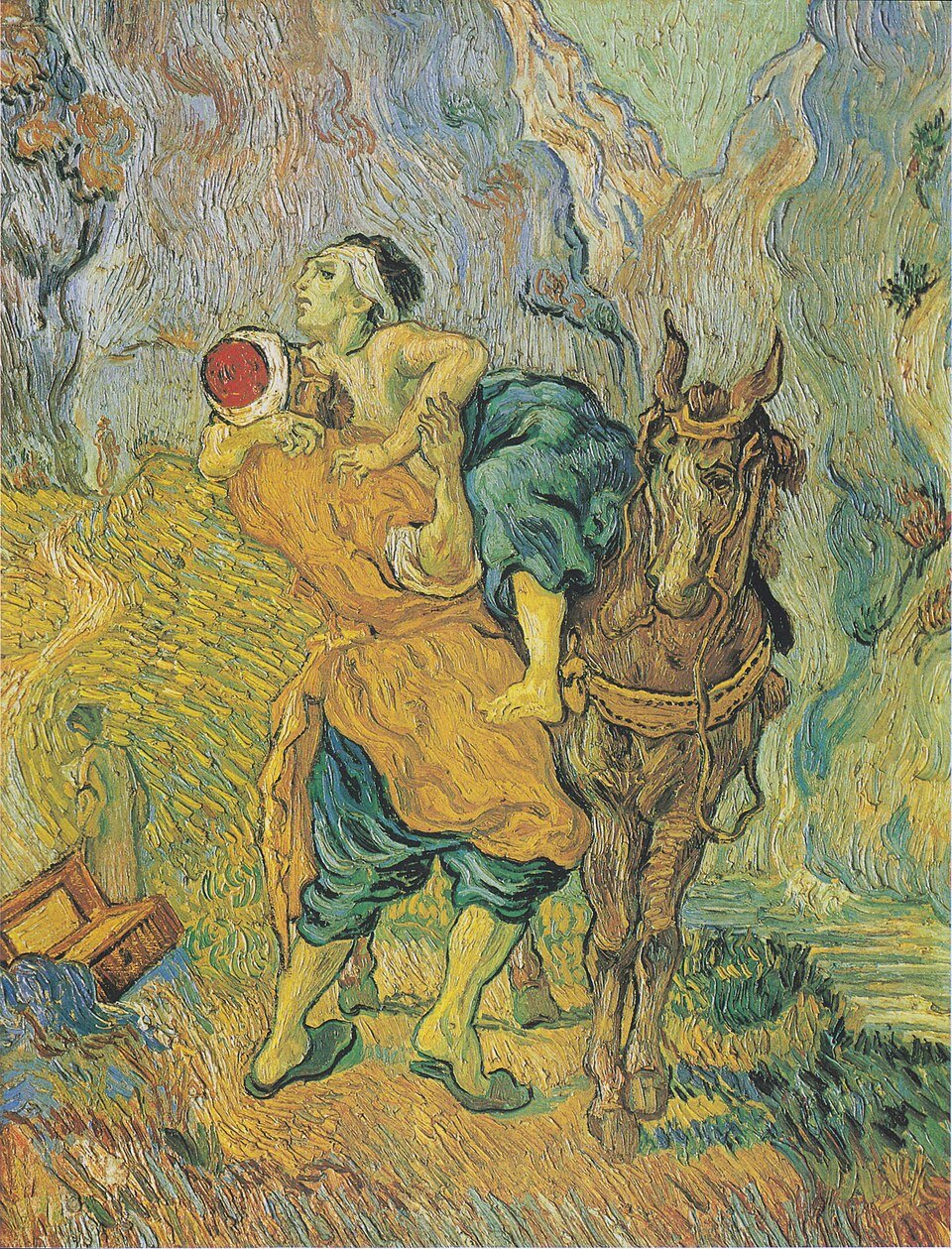Using yellow, blues, and browns, Vincent van Gogh shows the Samaritan hoisting the injured man onto his horse while 2 people who could have helped walk away in the distance.