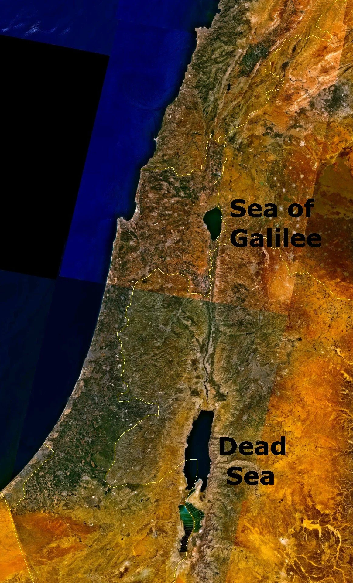 A satellite image shows the Dead Sea and the Sea of Galiee connected via the Jordan River.