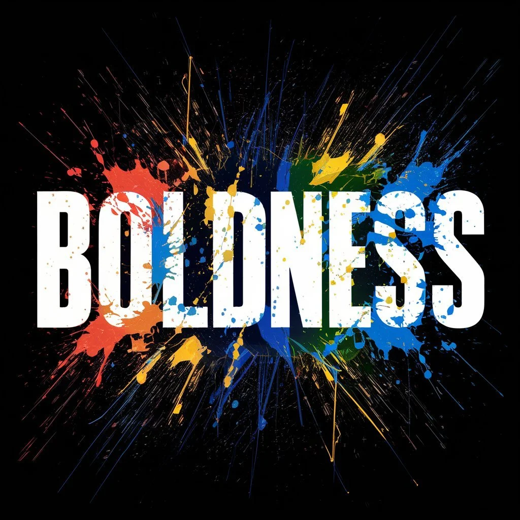 The word "boldness" in white letters on a black background  with bright, polyhued paint splatterd around it.