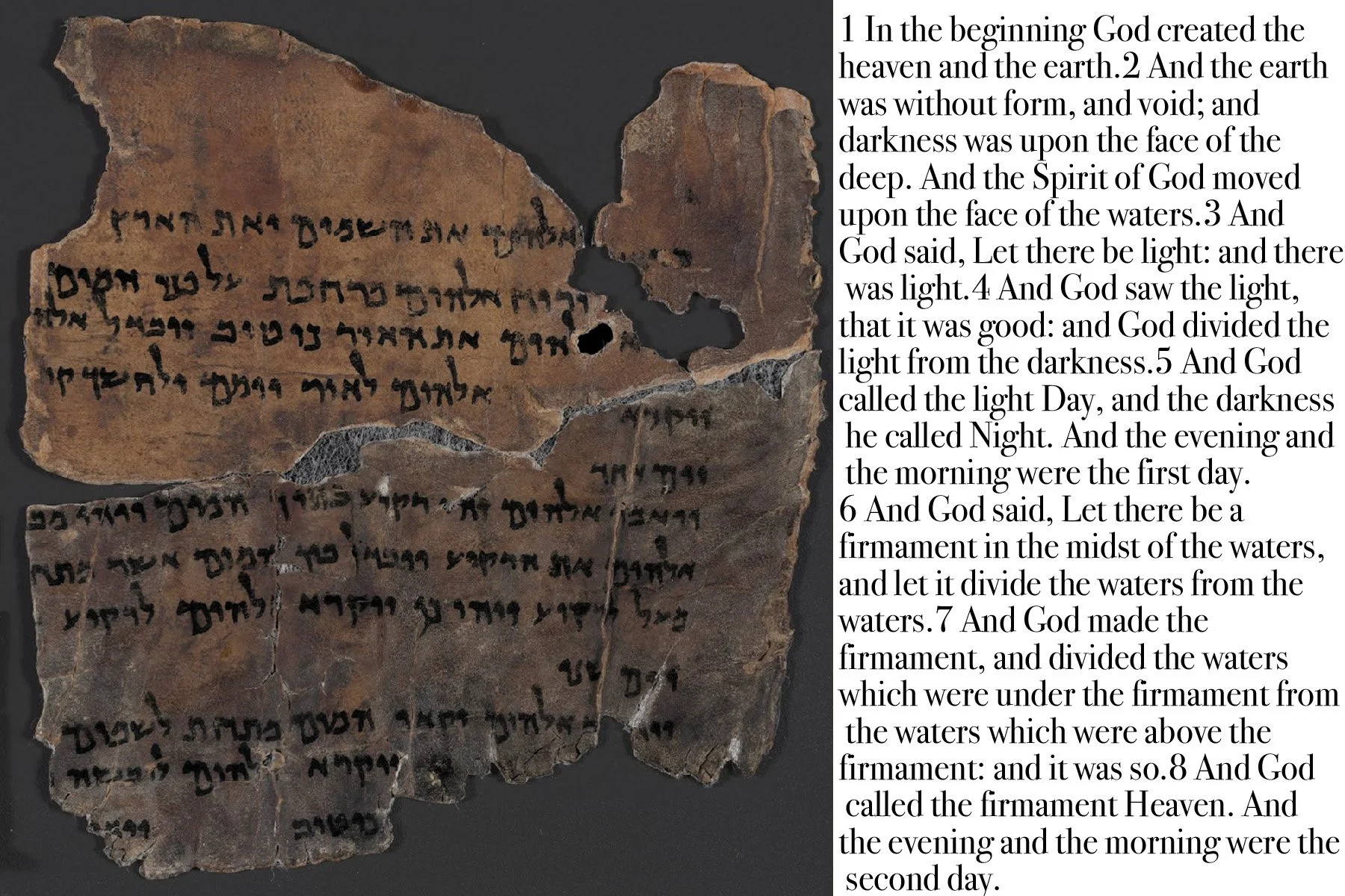 A faded scrap of a document contains pieces of Genesis 1.