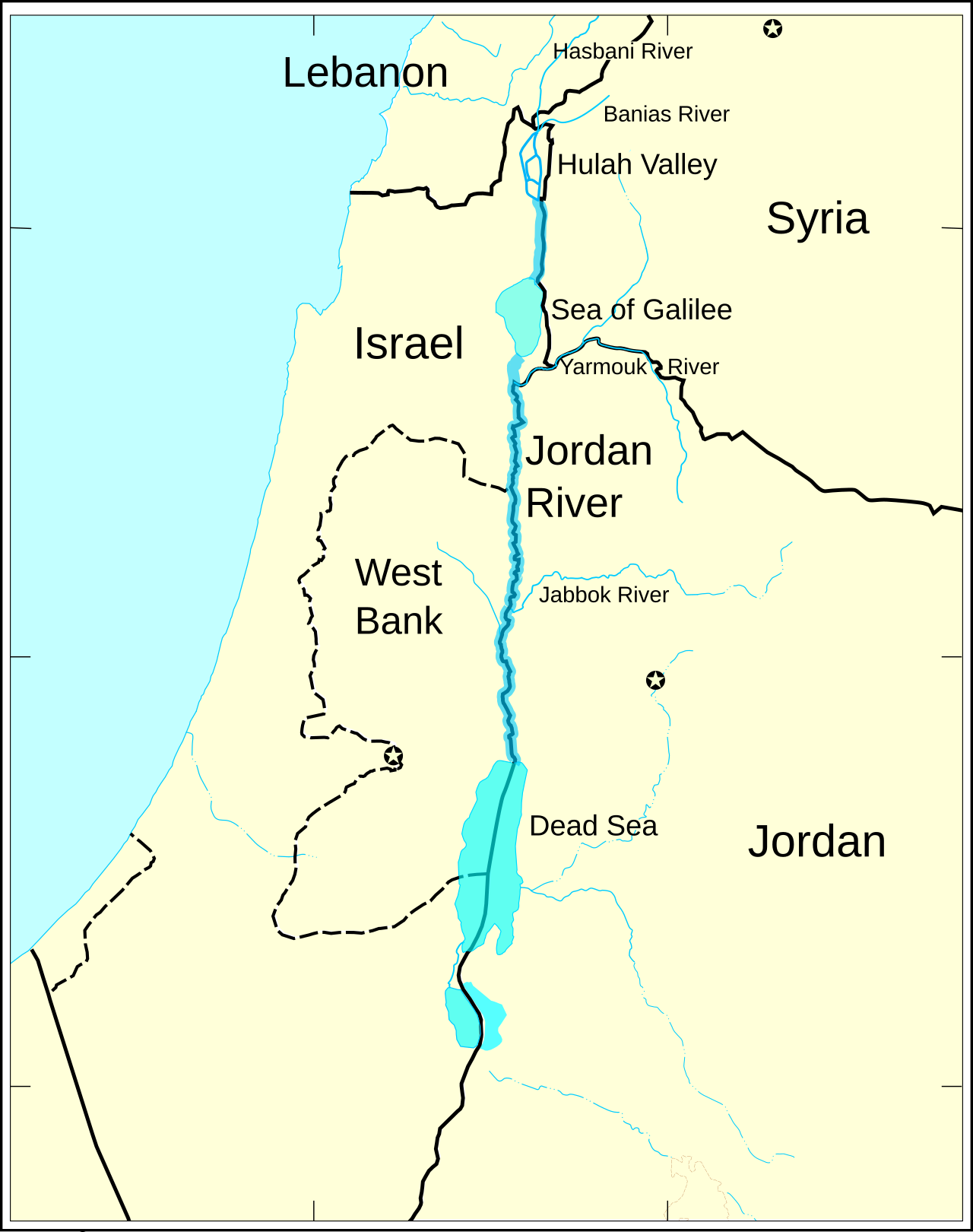 A simple map that shows the course of water from the Sea of Galilee in the north and the Dead Sea in the south with the Jordan River being the way water is transported.