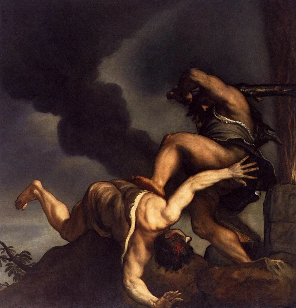 Titian’s Cain and Abel painting showing Cain striking Abel in a moment of violent jealousy, set against a stark landscape.