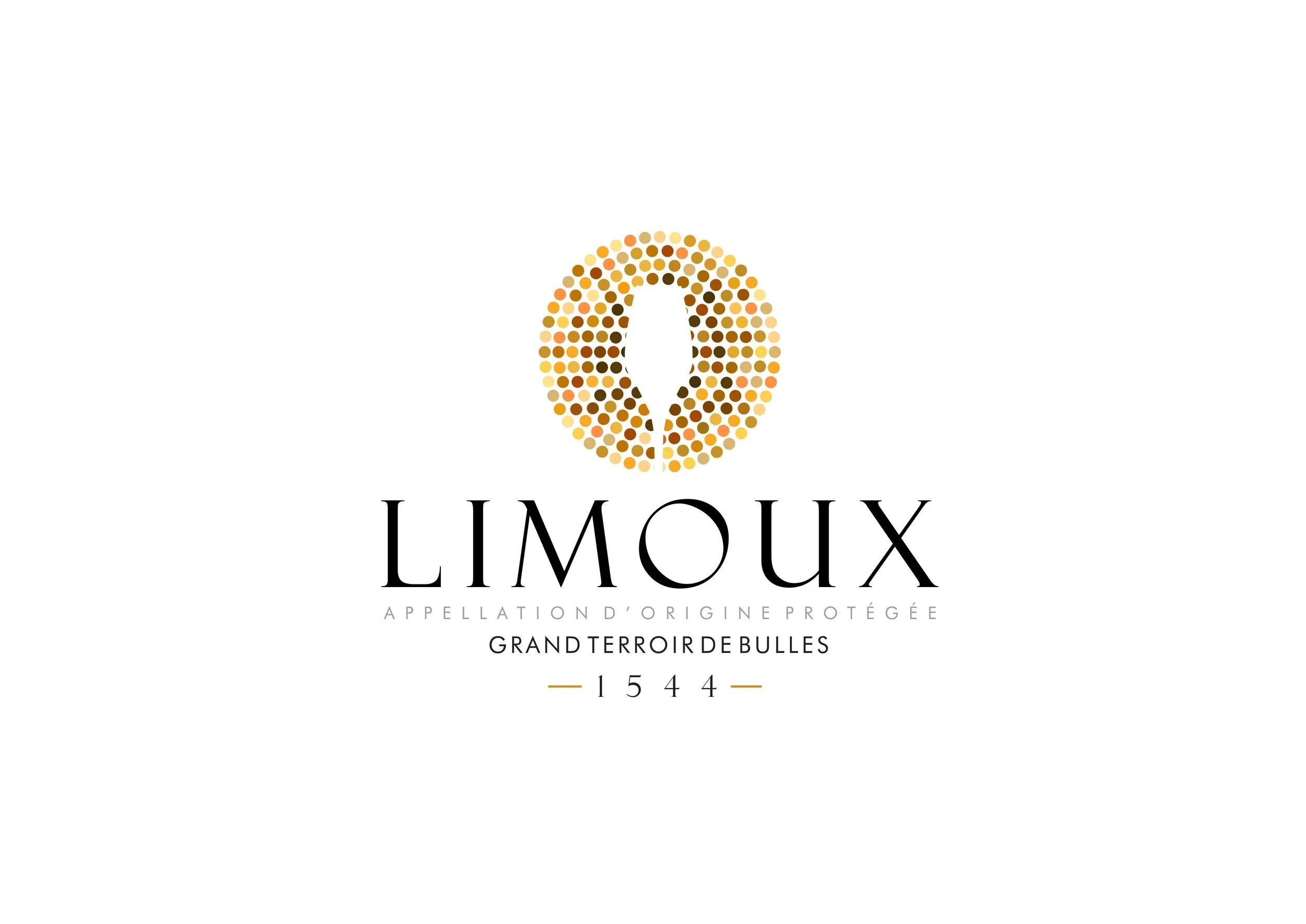 Logo branding pour Limoux, une zone d'appellation d'origine protégée. Le logo comporte un cercle de points colorés en beige, marron et or avec une forme centrale blanche, accompagné du texte 'Limoux', 'Appellation d'Origine Protégée', 'Grand Terroir de Bulles' et le numéro '1544' en dessous.