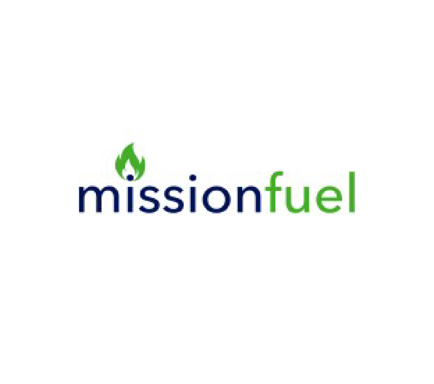 Logo with the word "missionfuel" in blue and green text, featuring a green flame icon.