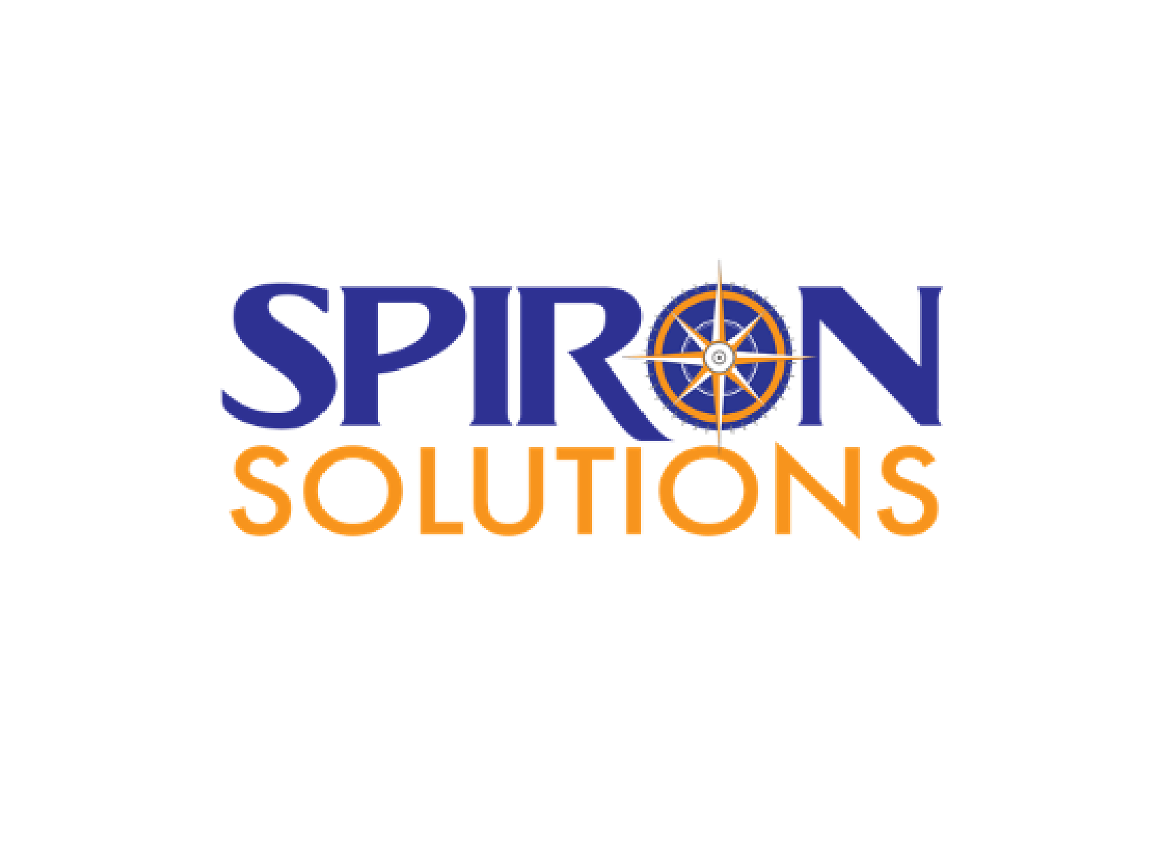 Logo for Spiron Solutions with a compass design integrated into the letter 'O' in 'Spiron' and the word 'Solutions' in bold orange text below.