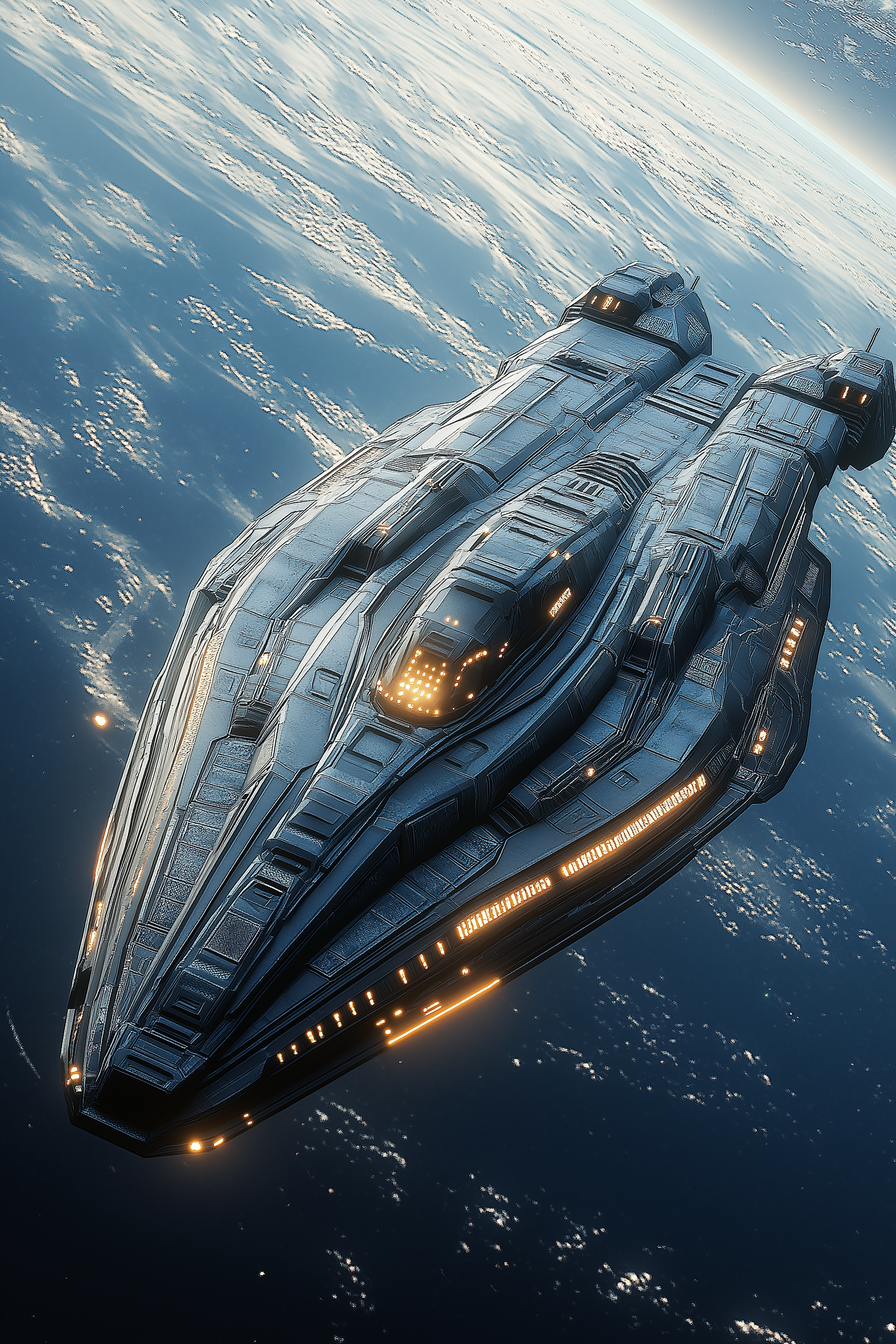 TSS Nexus spacecraft navigating through deep space, with stars and cosmic phenomena in the background.