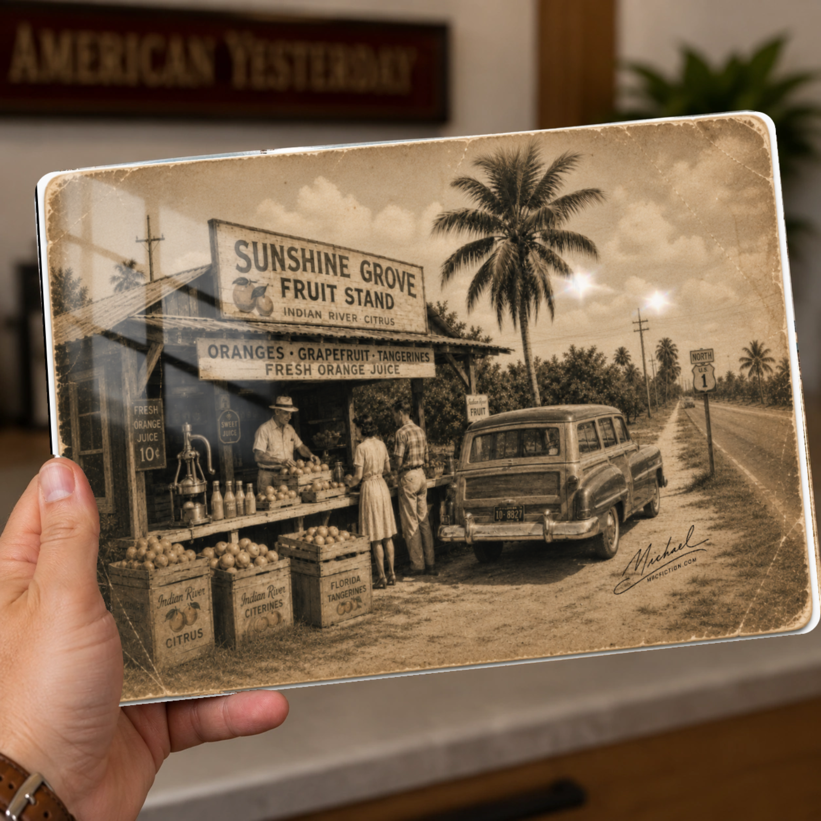 Sunshine on US 1 – Vintage Florida Citrus Roadside Stand Metal Wall Art