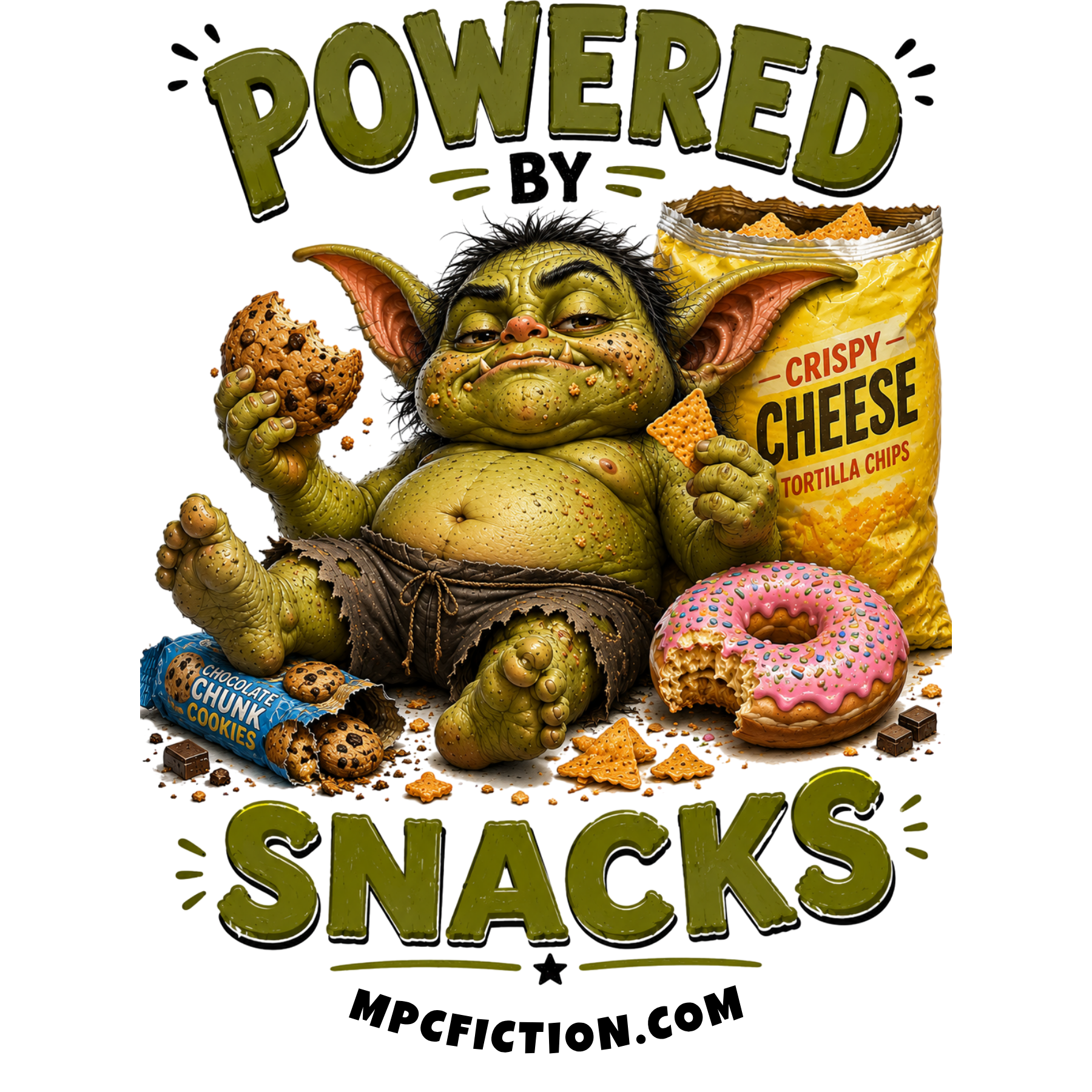 Vinyl sticker and magnet featuring a snack-hoarding goblin surrounded by cookies, chips, and donuts with the quip Thriving on Snacks — a funny gift for snack lovers and junk food enthusiasts