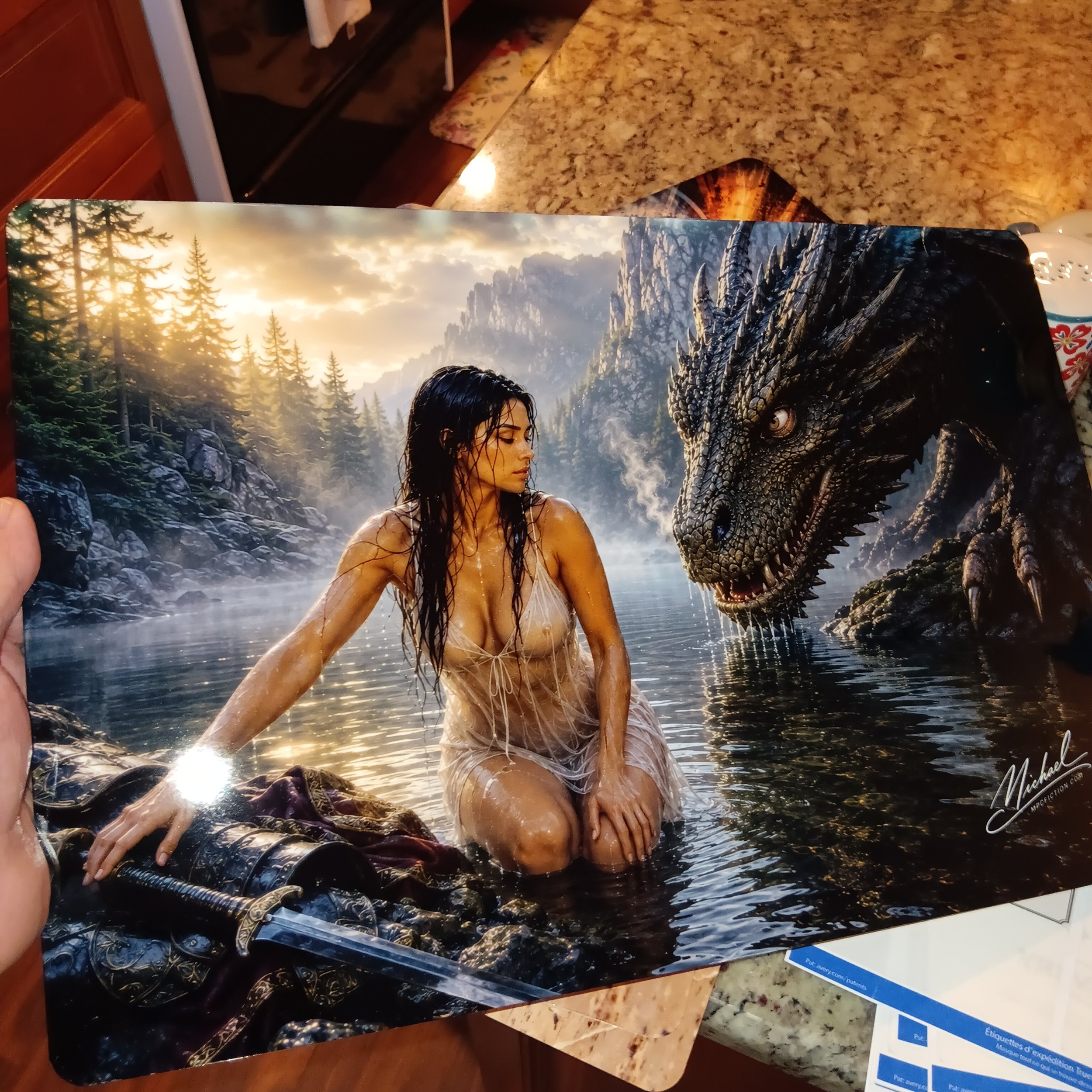 A Dangerous Understanding | Dragon and Woman Fantasy Wall Art, Mountain Lake