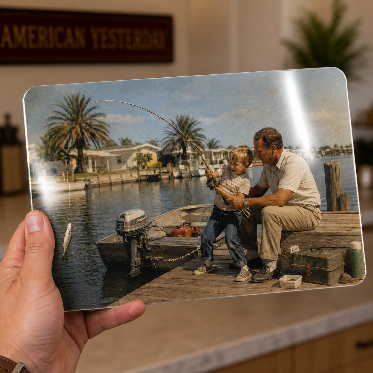First Catch – Nostalgic Grandfather & Grandson Fishing Metal Wall Art