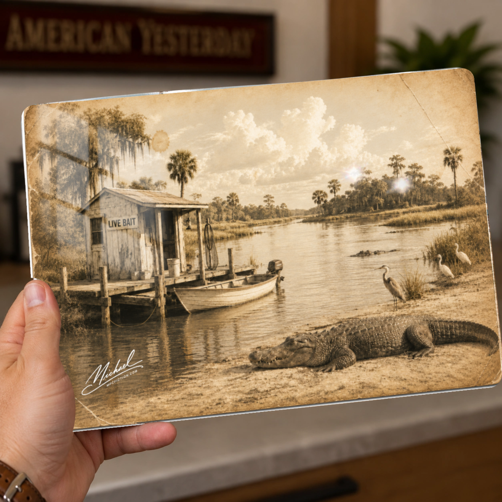 Backwater Bait – Vintage Old Florida Bait Shack & Alligator Metal Wall Art