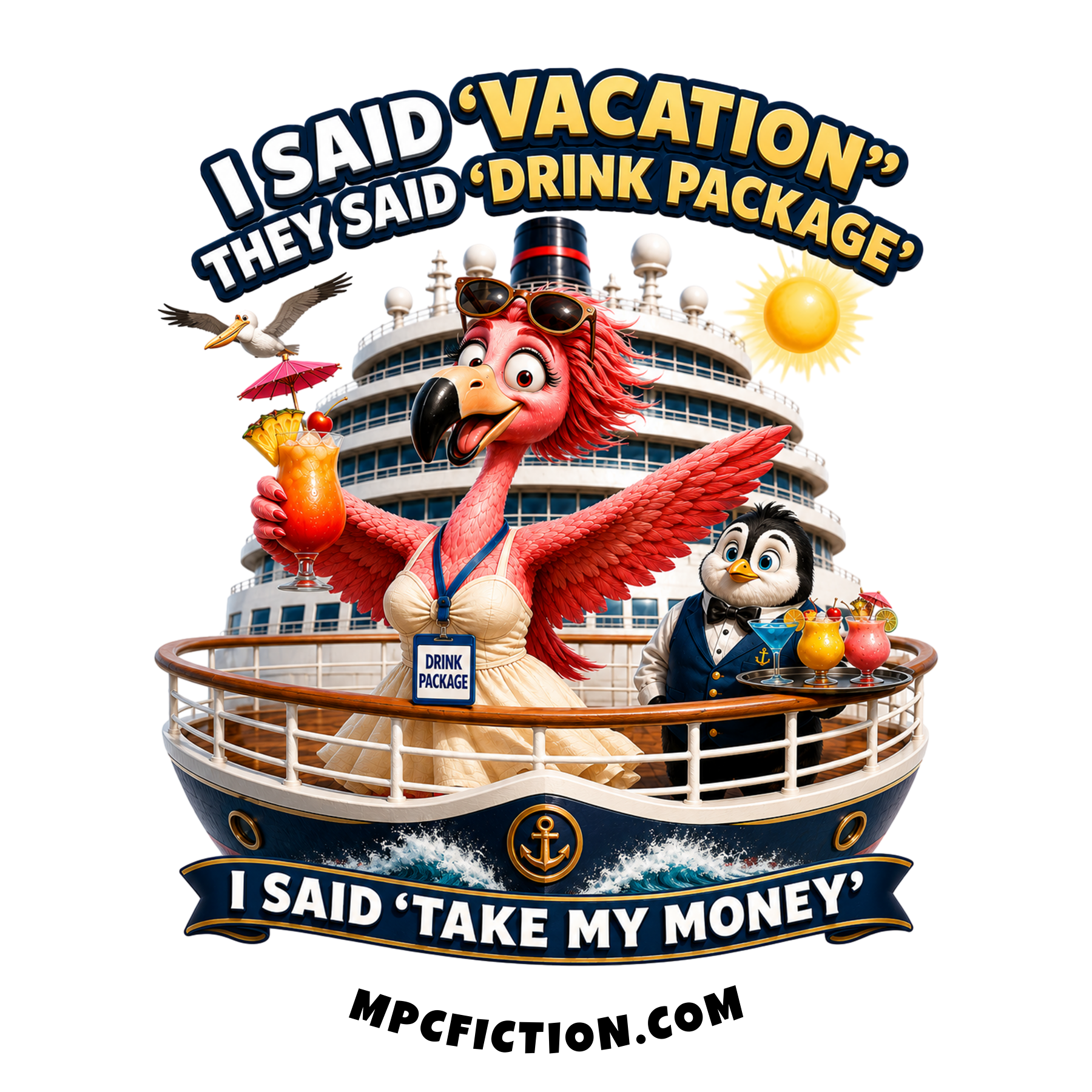 Sticker and magnet featuring a flamingo with a drink package badge Vacation Drink Package Take My Money